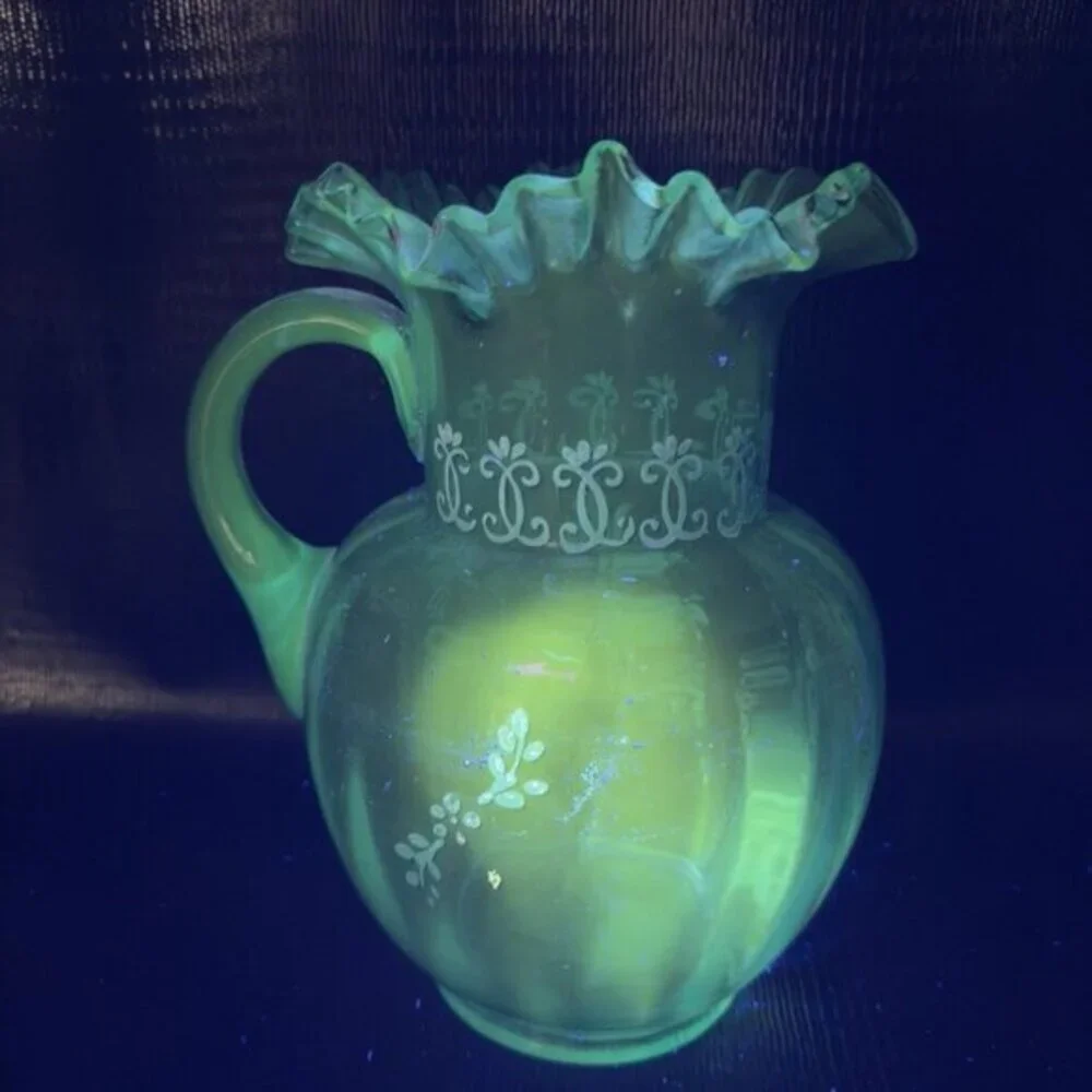Antique Victorian Glass Pitcher‎ Blue Enameled Crimped Rim Manganese 365nm Glow